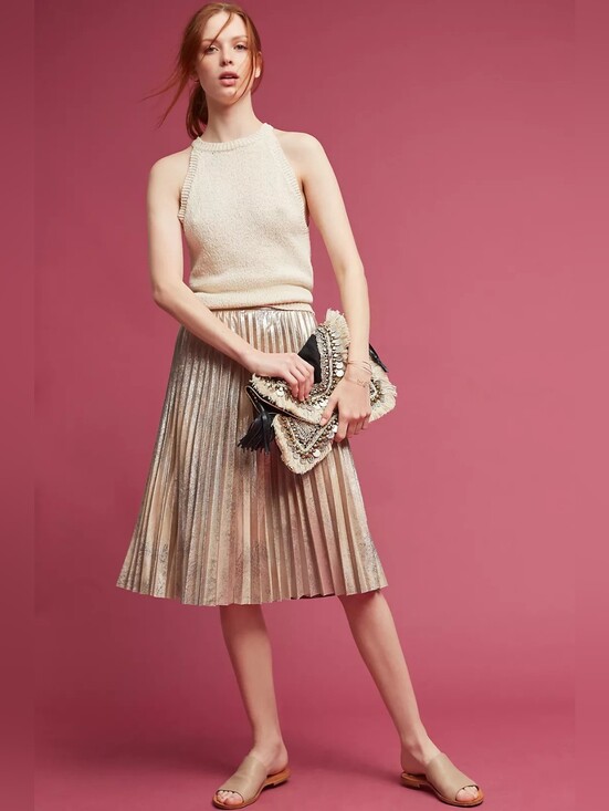 Anthropologie Dresses & Skirts - Anthropologie Maeve Metallic Pleated Midi Skirt - Champagne Gold Size Large EUC